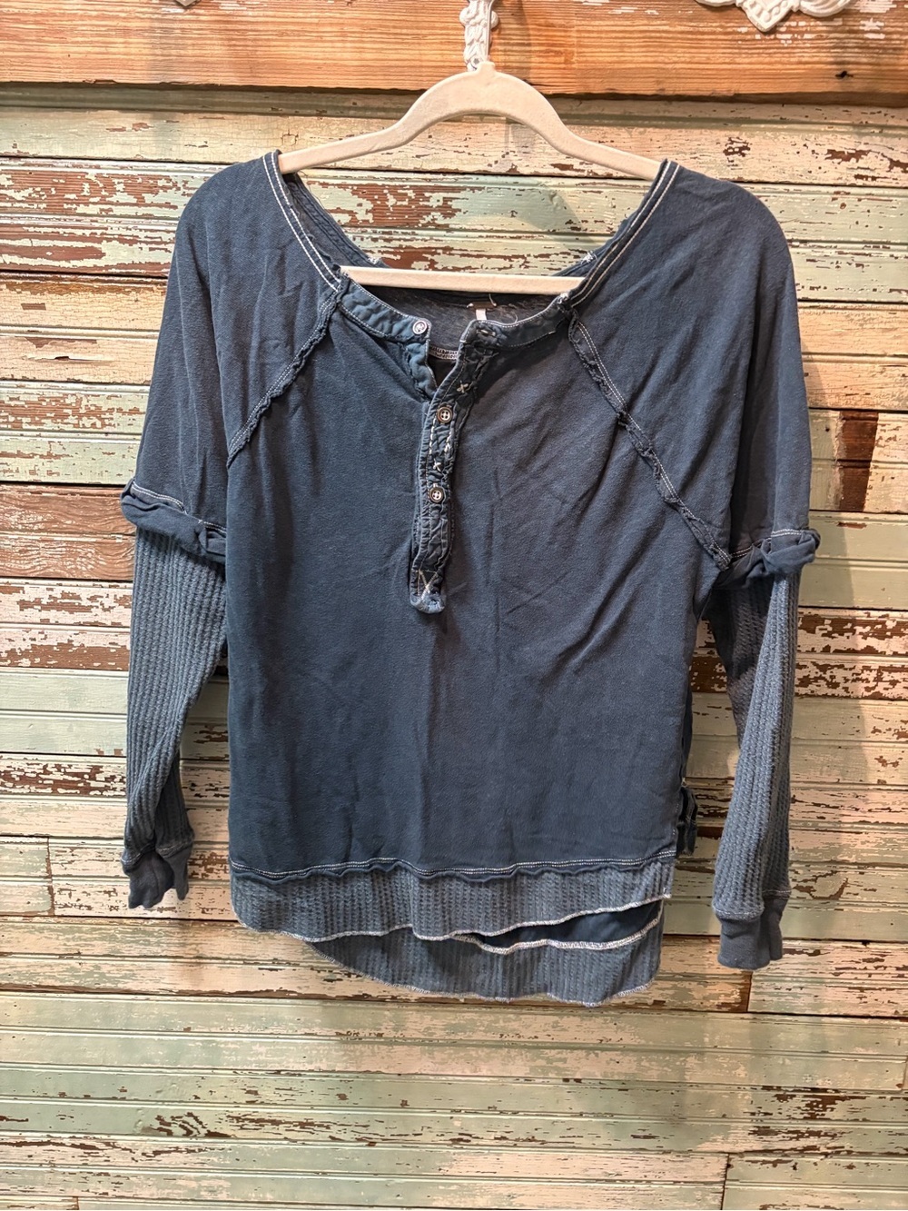 Free People Washed Indigo Blue Henley Long-Sleeve Top